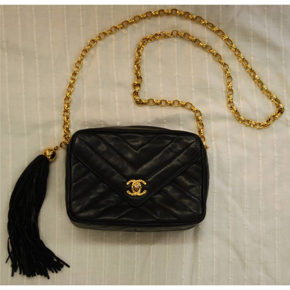 Chanel Black Leather Chevron Tassel Chain Strap Shoulder Handbag Small ...