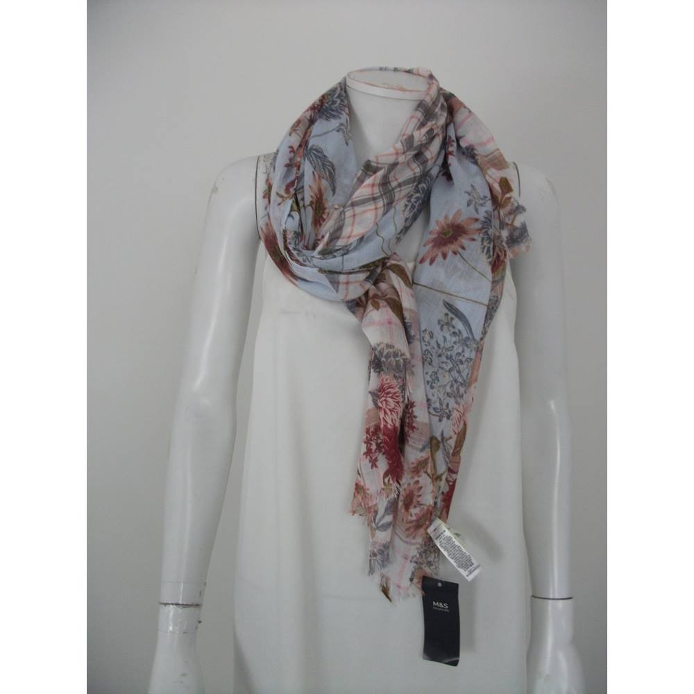 Marks & Spencer Blue Scarf with Floral/Check Pattern | Oxfam GB | Oxfam ...