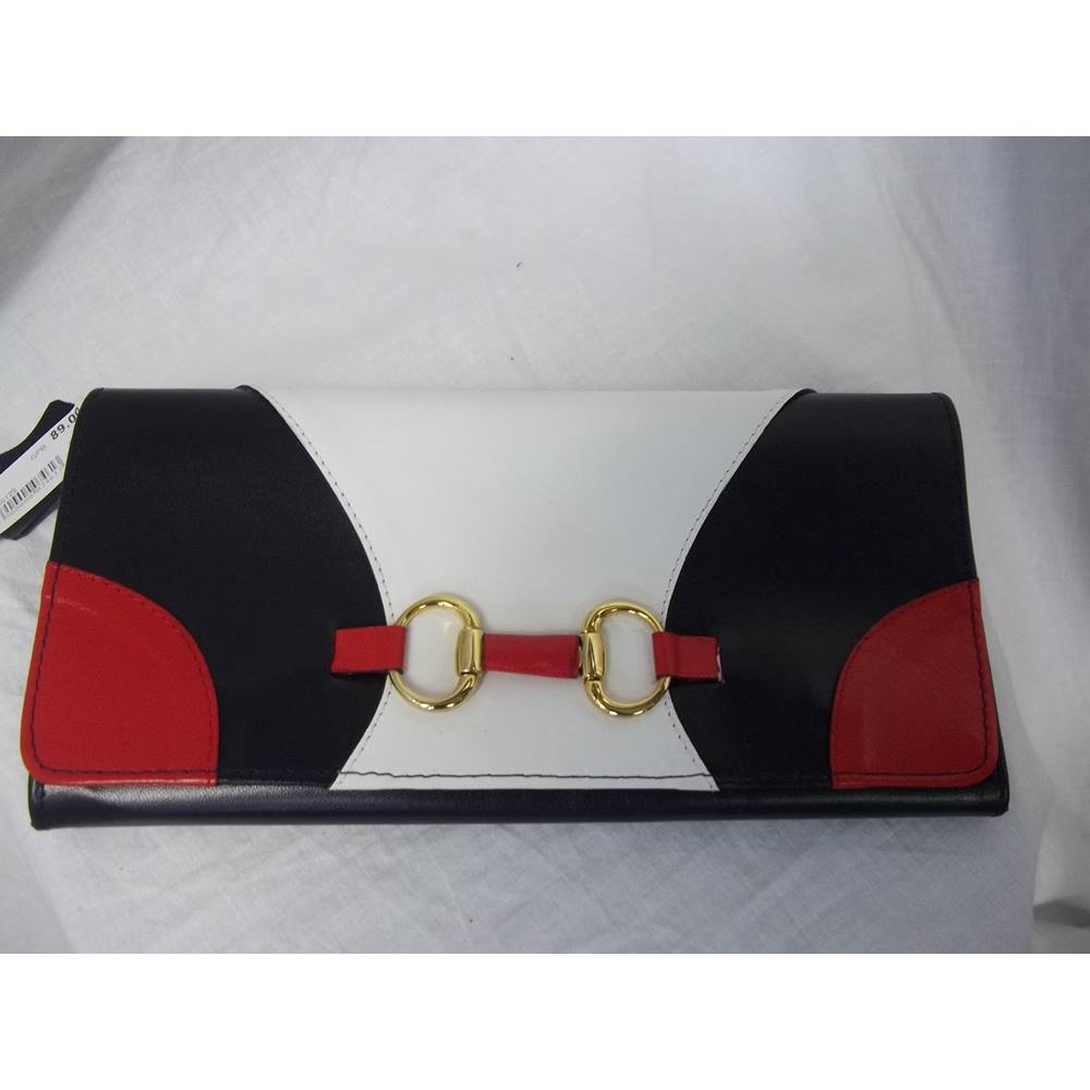 navy and red clutch bag