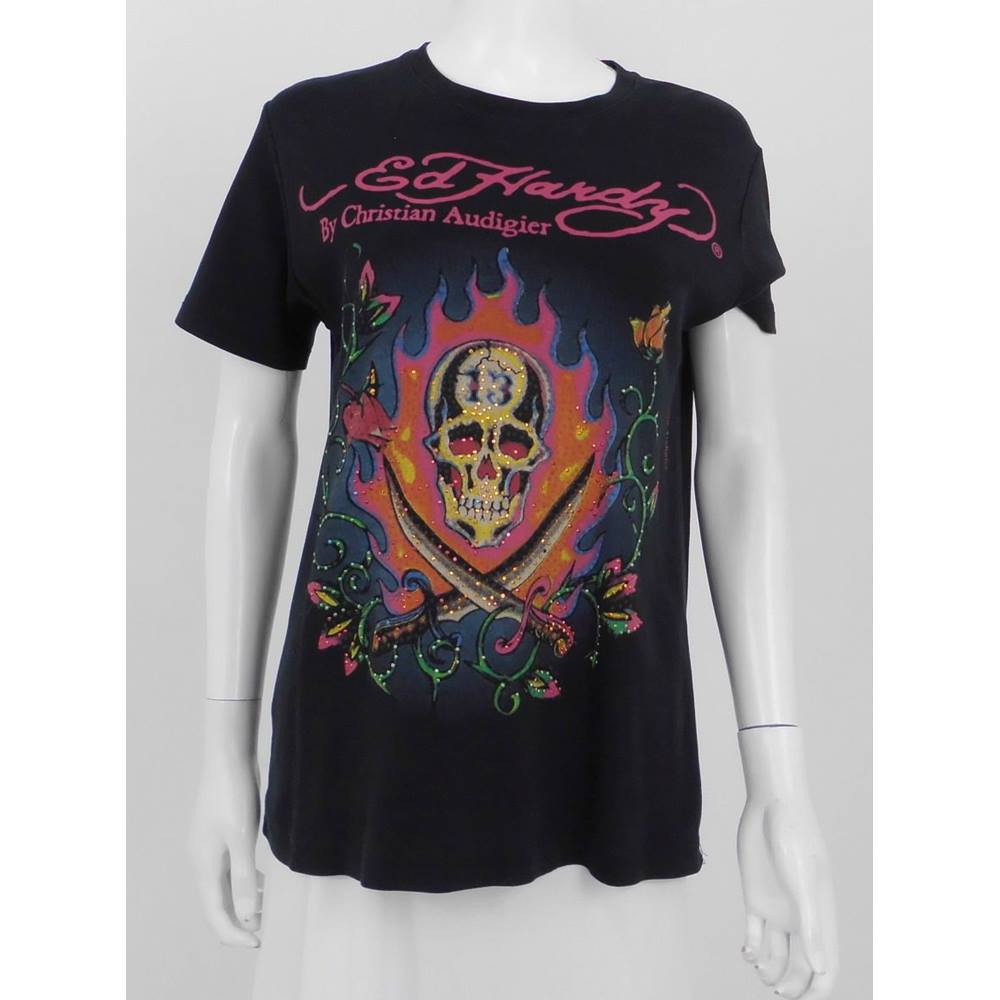 Ed Hardy by Christian Audigier Size 12 Black Skull and Floral Print T ...