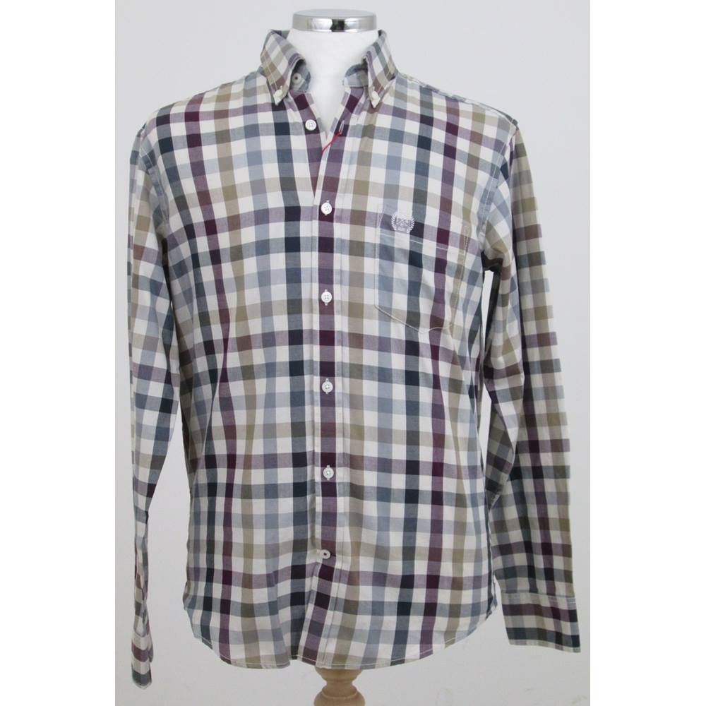 NWOT M&S Blue Harbour - Size S - Beige, Burgundy, Blue Chequered Shirt ...