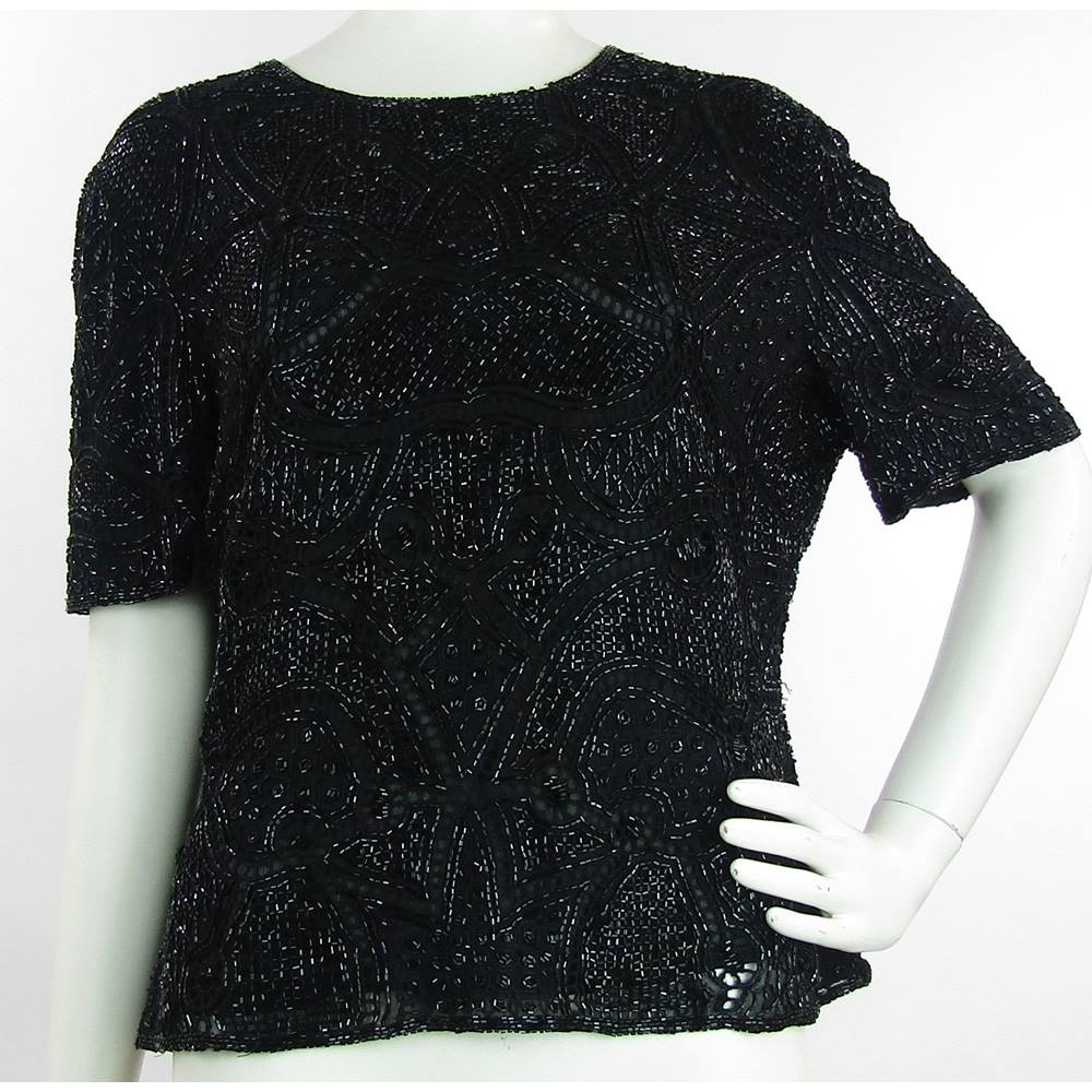 Vintage - 1980's - Frank Usher - Size: 14 - Black - 100% Silk - Beaded ...