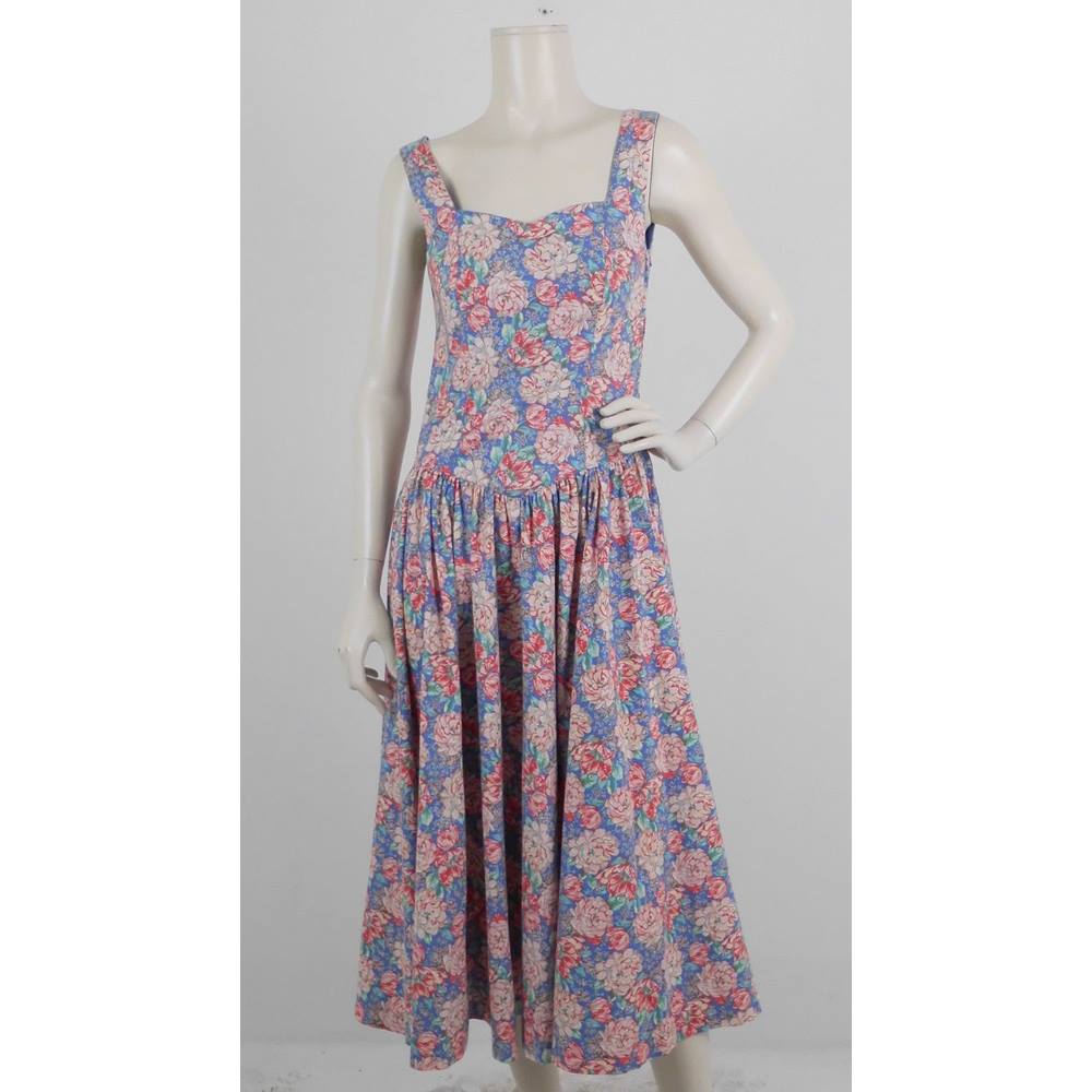 Vintage 1980's Laura Ashley Size: 10 Blue with Pink Floral Print Summer ...
