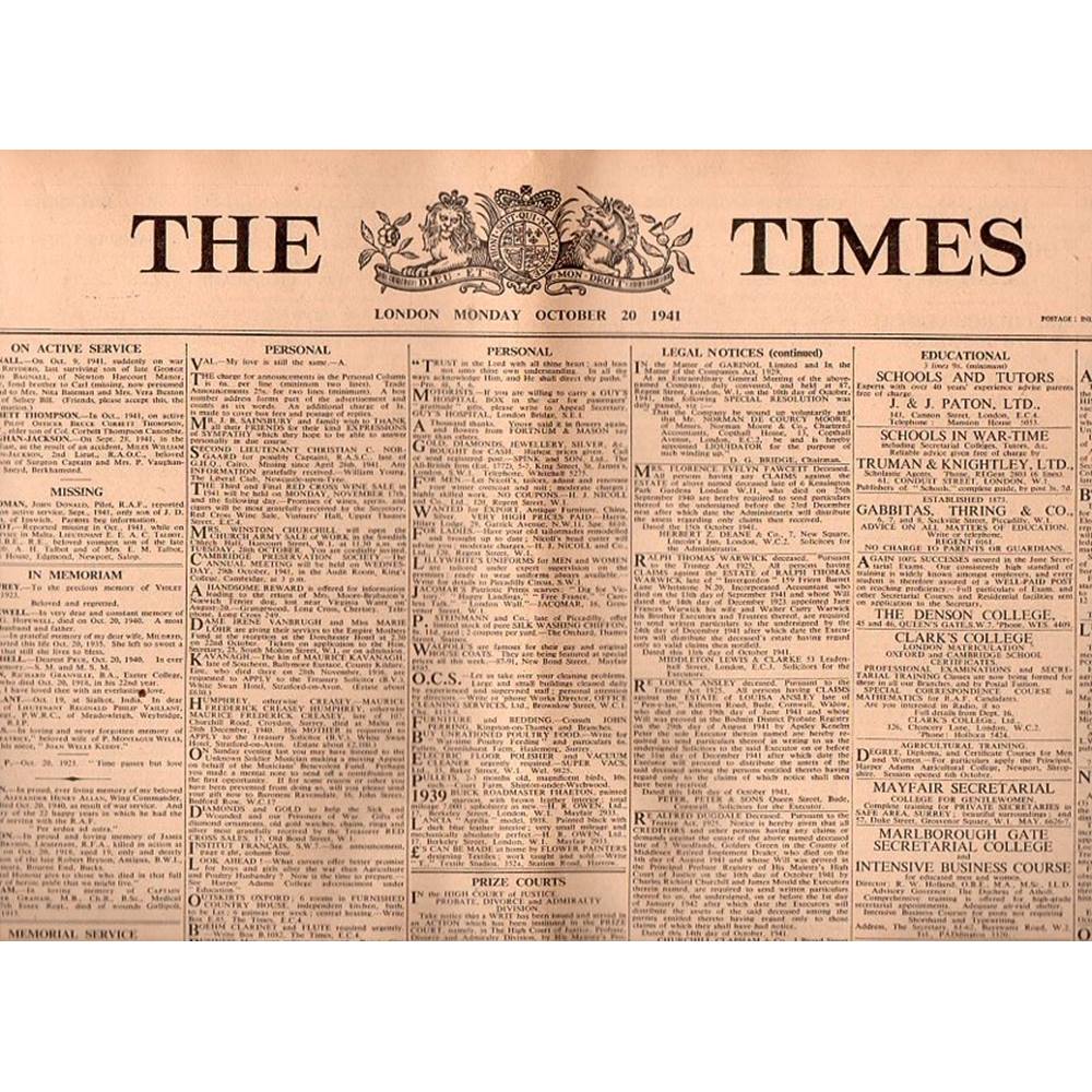 The Times October 20 1941 [original newspaper with certificate of ...