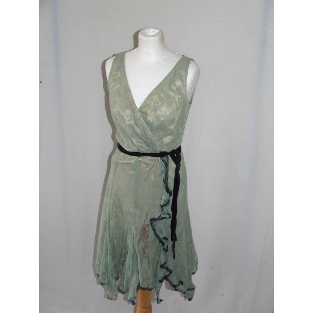 Karen Millen SS05 lace wrap dress smart frilly ruffle swis mint sage ...