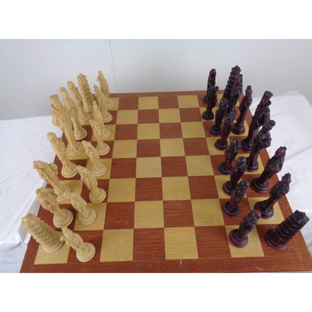 Vintage Complete Set of Resin Large Oriental Chess Pieces and wooden table board for sale  London